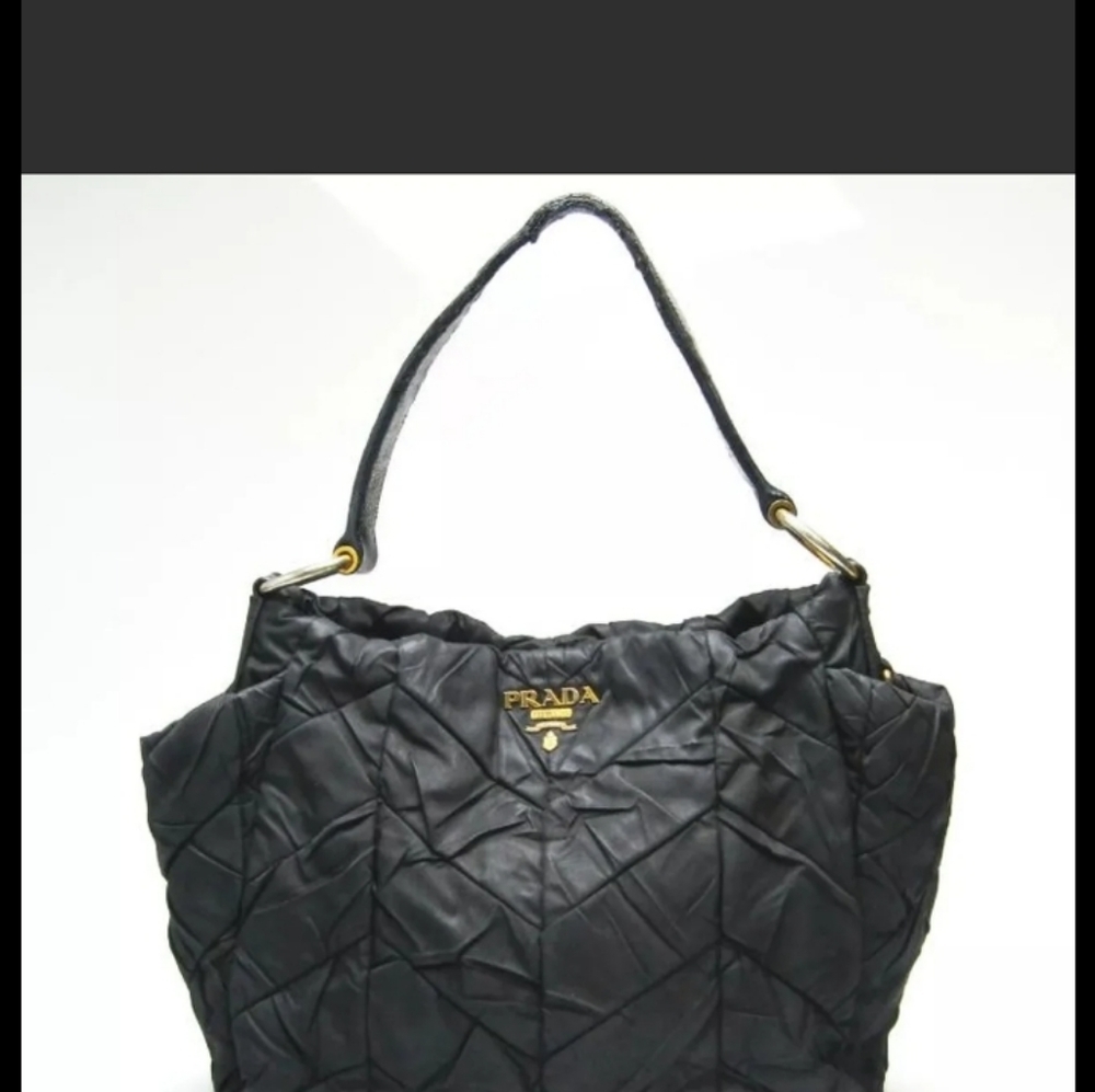 Prada Black Tote Bag Quilted Nylon & Leather Strap Gold